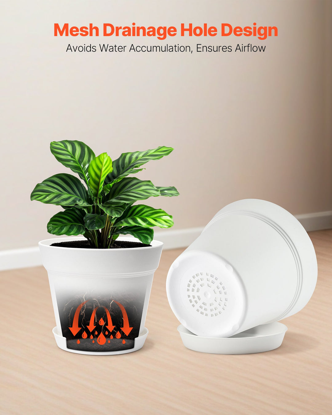 16-Pack 6in Plastic Planter Pots with Drainage Holes & Saucers — Durable Multi-Use Garden Pots (White)