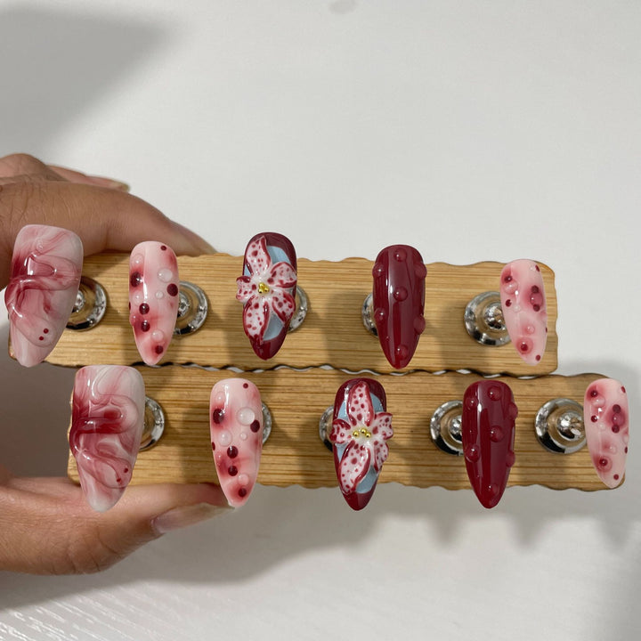 3D Hand-Painted Blooming Floral Press-On Nail Set — Almond Shape, Sizes XS–L, Glue Kit Included