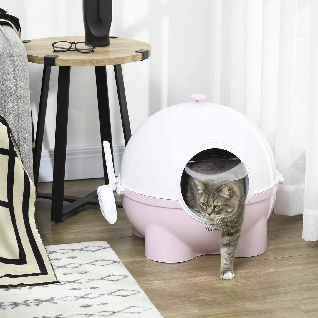 Hooded Cat Litter Box, Large Kitty Litter Pan with Lid, Scoop, Leaking Sand Pedal, Top Handle, Light Pink