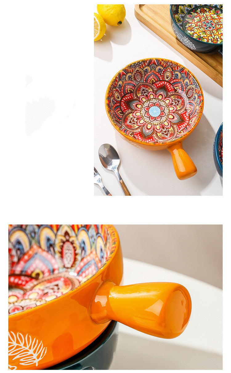Glazed Salad & Dessert Bowl with Handle — Household Ceramic Serving Bowl (Blue, Green & Red Glaze)