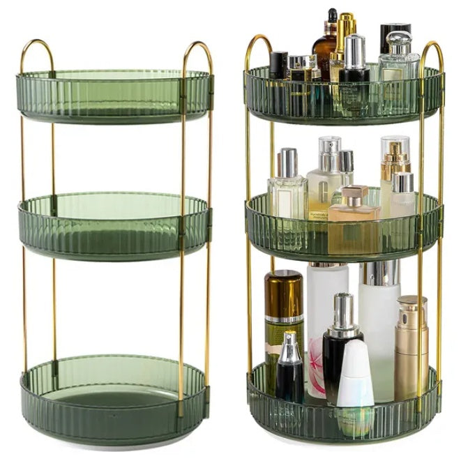 3-Tier Rotating Makeup Organizer — 360° Spinning Cosmetic Storage Tower for Desk, Vanity & Bathroom