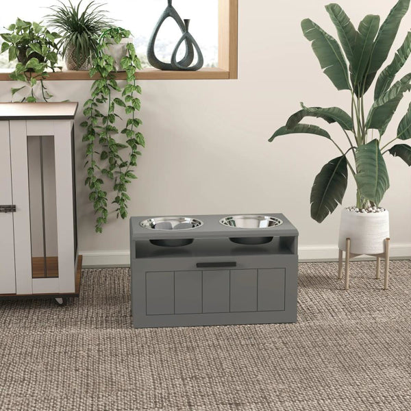 Elevated Dog Bowl Station with Storage – Dual Stainless Steel Dog Feeding Stand