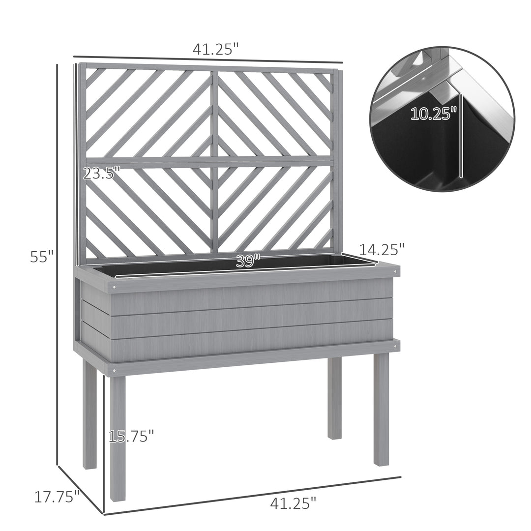Elevated Wood Planter with Trellis for Climbing Plants, Raised Garden Bed with Legs and Drainage Holes, Gray