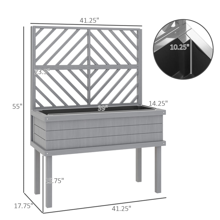 Elevated Wood Planter with Trellis for Climbing Plants, Raised Garden Bed with Legs and Drainage Holes, Gray