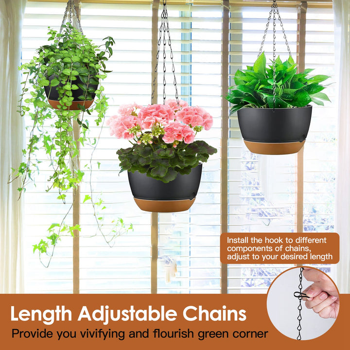 4-Pack 9.64in Hanging Planters — Self-Watering Tray, Drainage Holes, for Indoor & Outdoor Herbs, Ivy & Ferns (Grey)