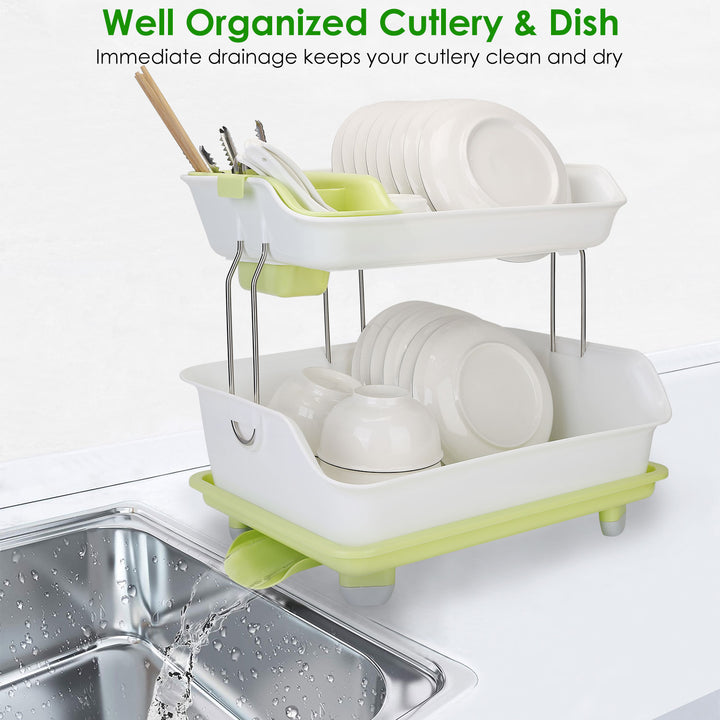 2-Tier Dish Drying Rack — Cutlery Drainer, Holder & Kitchen Storage Shelf (Green & White)