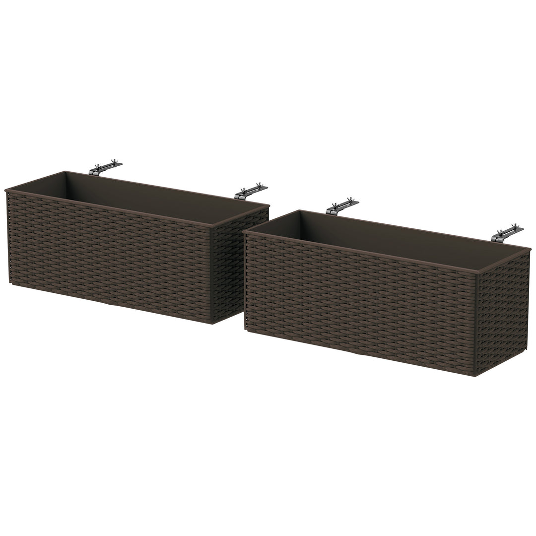 2 Pack 20 Inch Railing Flower Pots, Hanging Flower Pots with Hooks, Drainage Holes for Fence, Rattan Look, Brown