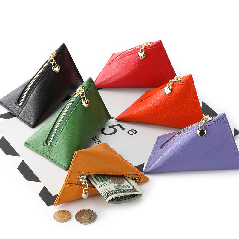 Genuine Leather Triangle Coin Purse – Compact Zipper Key Pouch