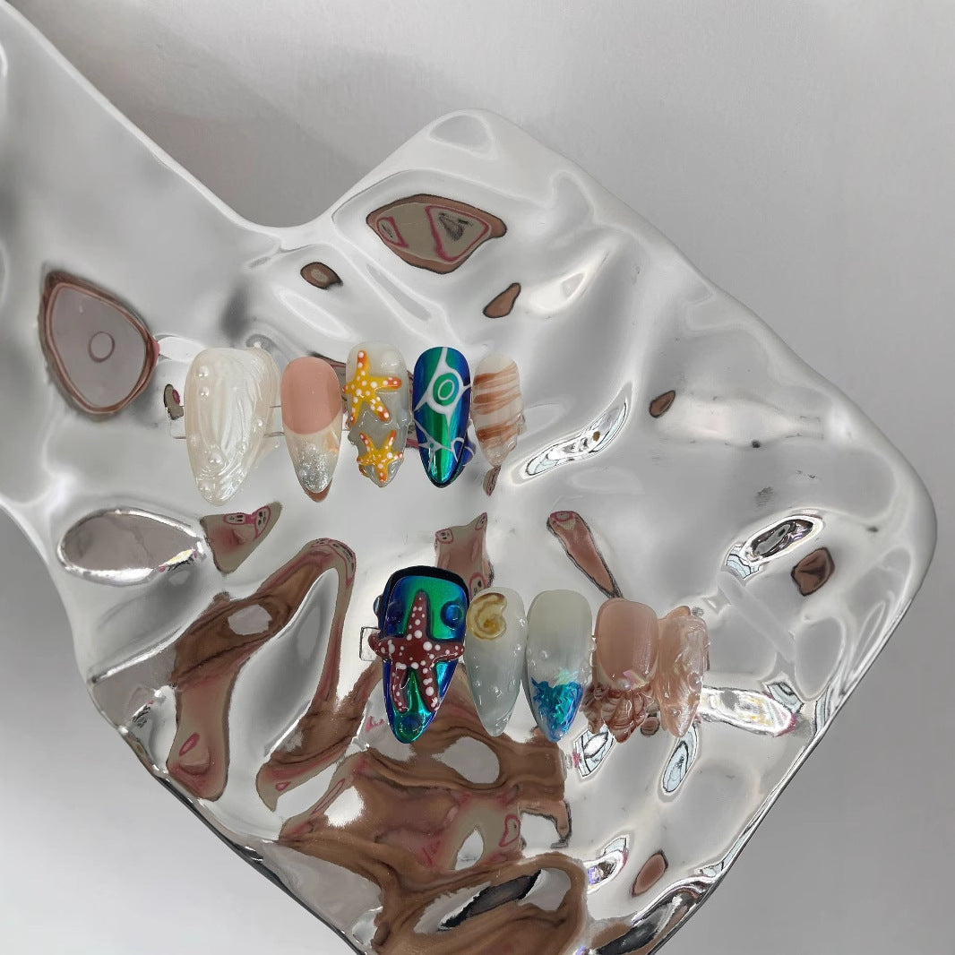 3D Hand-Painted Underwater World Long Press-On Nails — Almond Shape, Ocean Motif, Sizes XS–L (Set B)