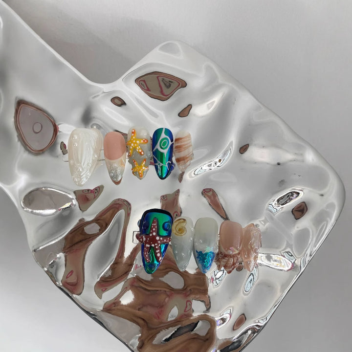 3D Hand-Painted Underwater World Long Press-On Nails — Almond Shape, Ocean Motif, Sizes XS–L (Set B)