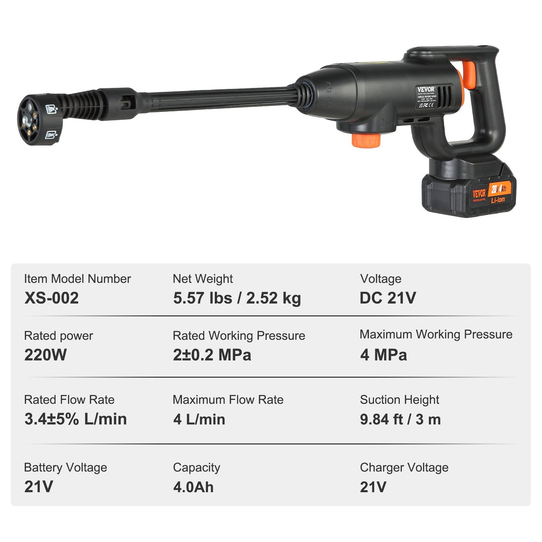 VEVOR 580-PSI Cordless Pressure Washer — 1.1 GPM Portable Battery-Powered Power Cleaner with 4.0Ah Battery & 6-in-1 Nozzle