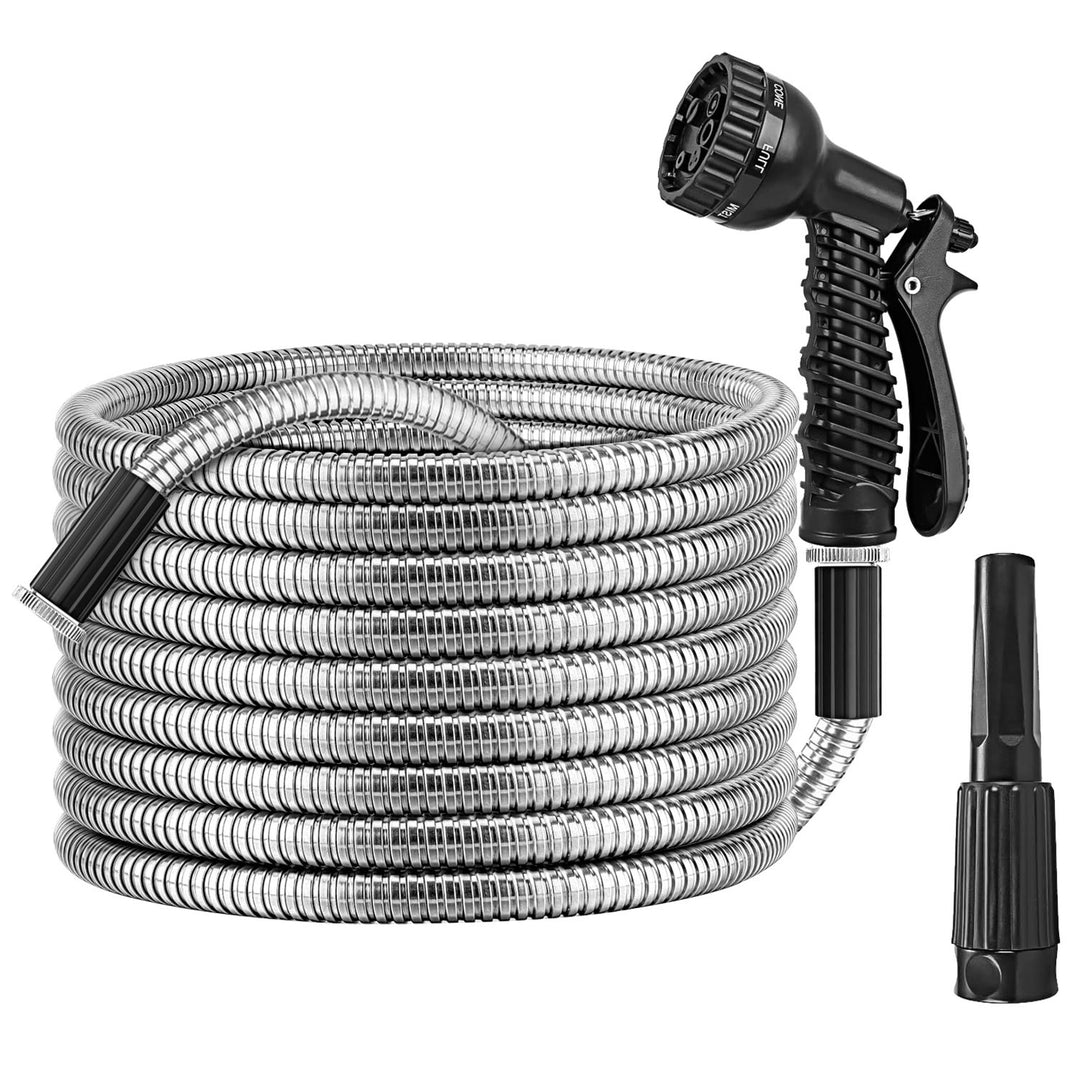 Heavy Duty Stainless Steel Garden Hose Kit — 25ft / 50ft / 100ft, Kink-Free, 12-Pattern Nozzle, Dog-Proof (2 Nozzles)