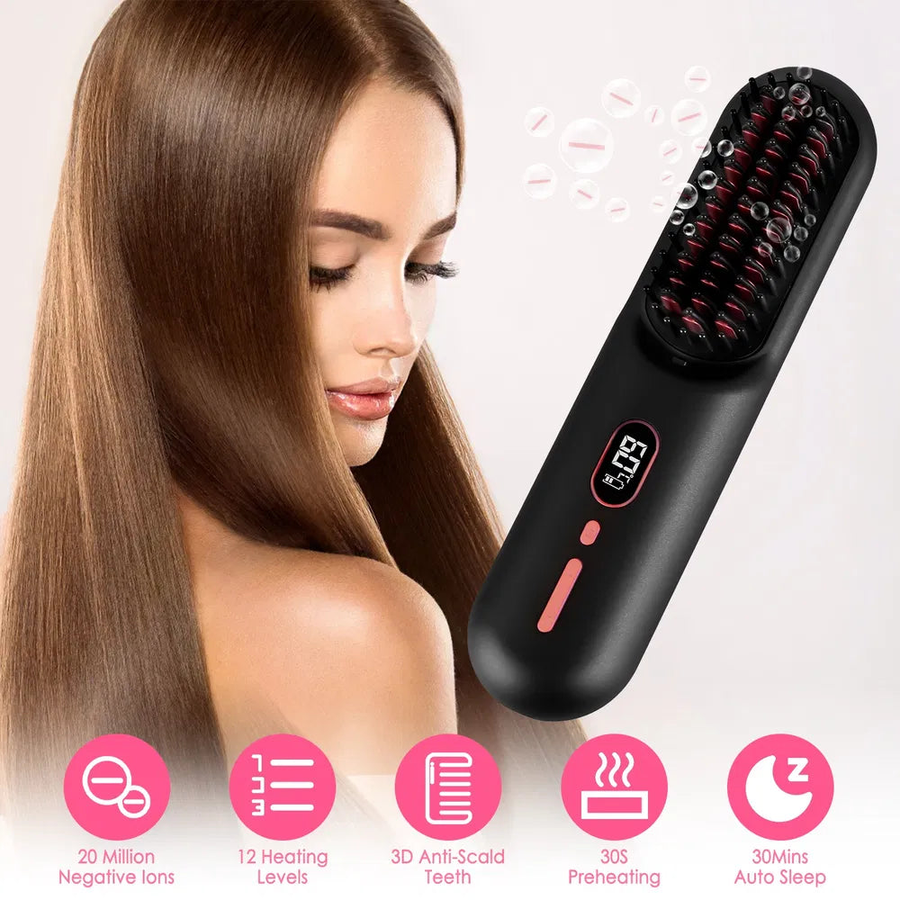 Cordless Negative Ion Hair Straightener Brush — 12 Heating Levels, 30s Heat-Up, 4800mAh, LCD Display
