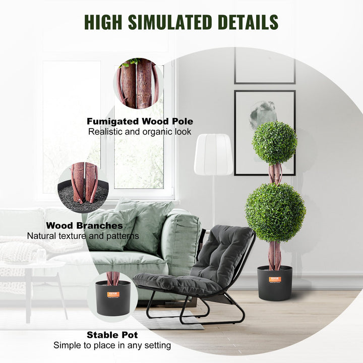 Artificial Double Ball Boxwood Topiary Trees — 36in Set of 2, UV-Rated, with Extra Leaves, Pot & Decoration, Indoor/Outdoor