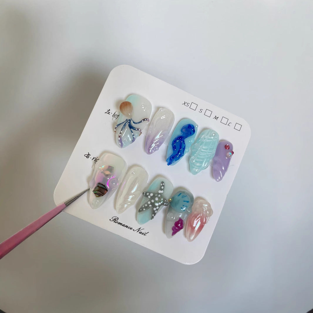 3D Hand-Painted Underwater World Long Press-On Nails — Premium Ocean Design, Almond, Sizes XS–L (Set A)