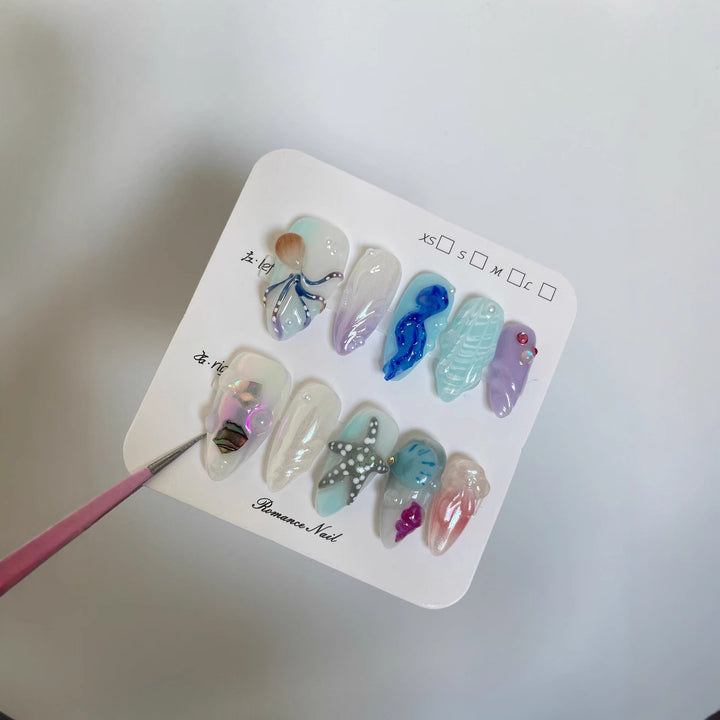3D Hand-Painted Underwater World Long Press-On Nails — Premium Ocean Design, Almond, Sizes XS–L (Set A)