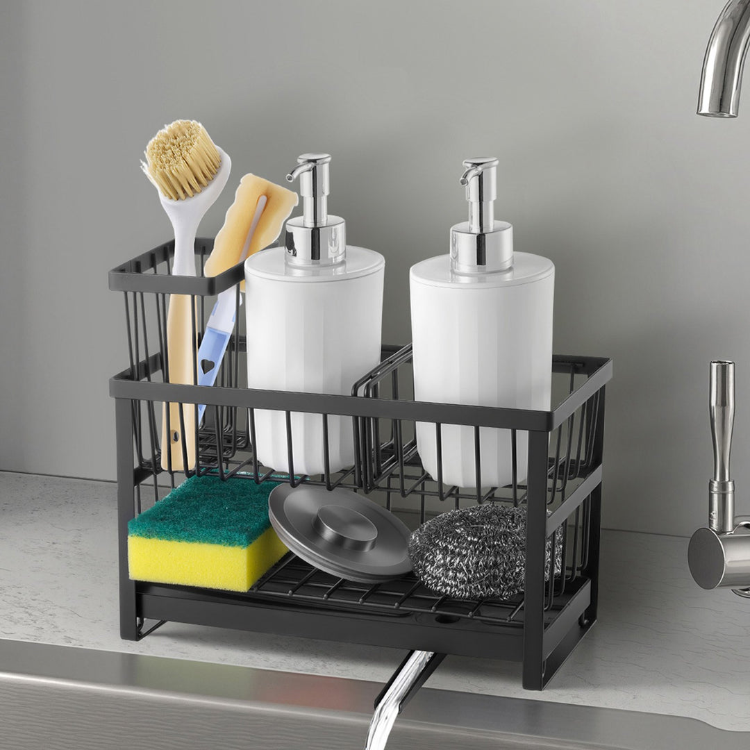 Kitchen Sink Caddy Sponge Holder — Countertop Organizer for Kitchen Essentials Storage (Black)