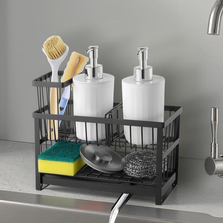 Kitchen Sink Caddy Sponge Holder — Countertop Organizer for Kitchen Essentials Storage (Black)