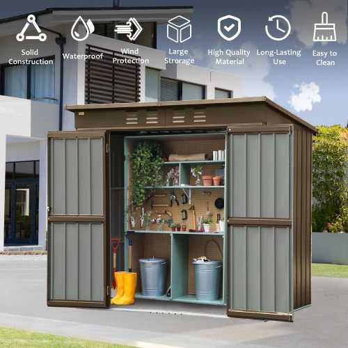 6×4 ft Waterproof Metal Garden Storage Shed — Lockable Double Doors, Bike Shed for Garden & Backyard (Brown)