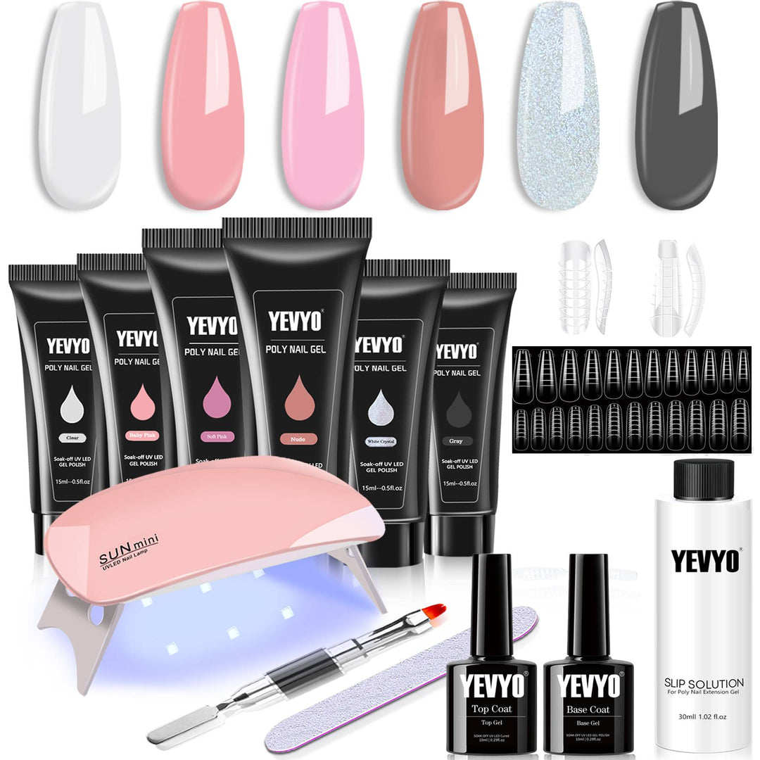 6-Piece Poly Gel Nail Extension Kit With UV Lamp — Builder Gel, 100 Dual Forms, Top & Base Coat