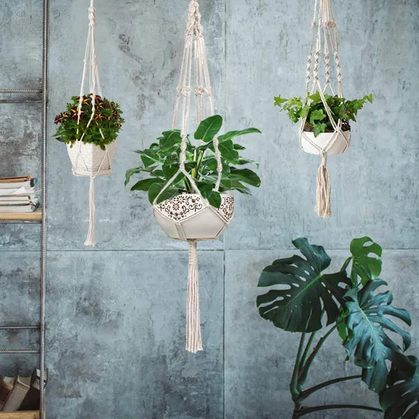 40in Cotton Rope Plant Hangers — Set of 2 or 4, Macramé 4-Leg Hanging Flowerpot Net Bag for Indoor & Outdoor Plants