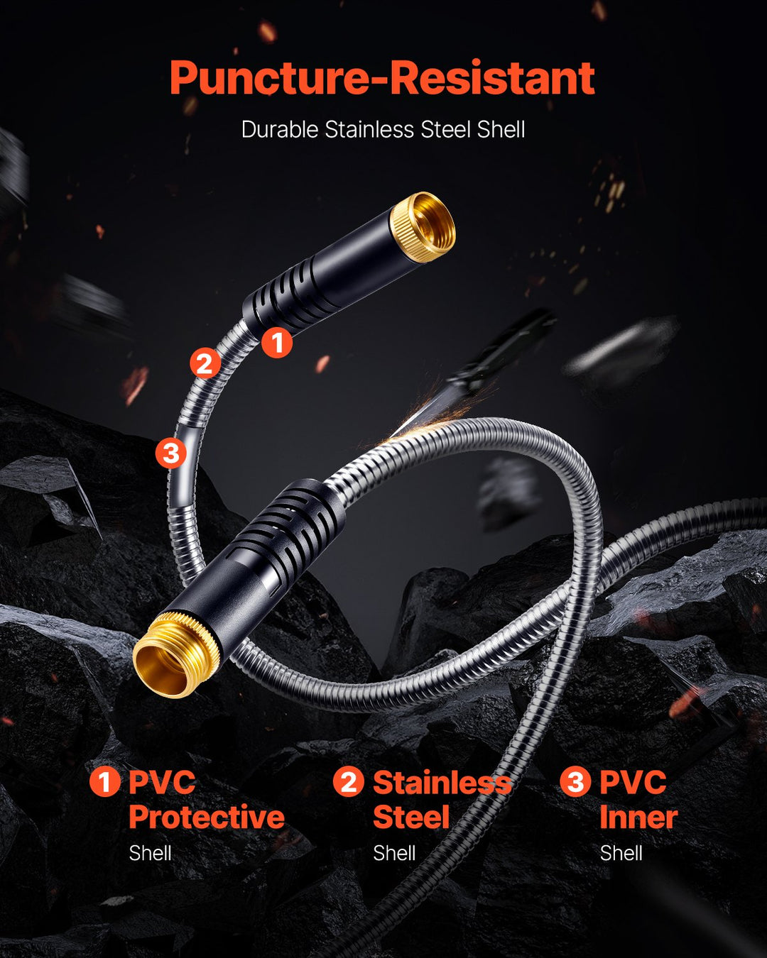 150ft Lightweight Stainless Steel Garden Hose — No-Kink Metal Water Hose for Large Gardens