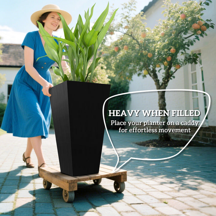 Set of 3 Grande 28in Tall Outdoor Planters — Tapered with Drainage Holes, Front Porch & Patio Décor (Black)