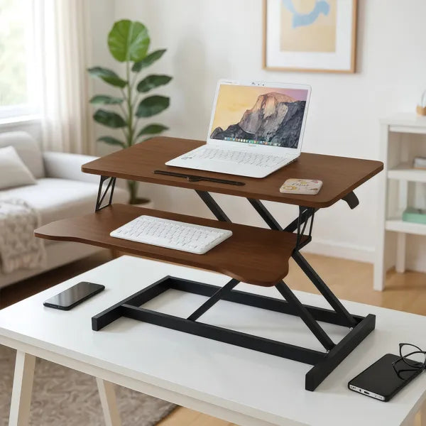 32in Sit-to-Stand Desk Converter — Height Adjustable Riser, Dual Monitor & Laptop Workstation with Keyboard Tray (Walnut)
