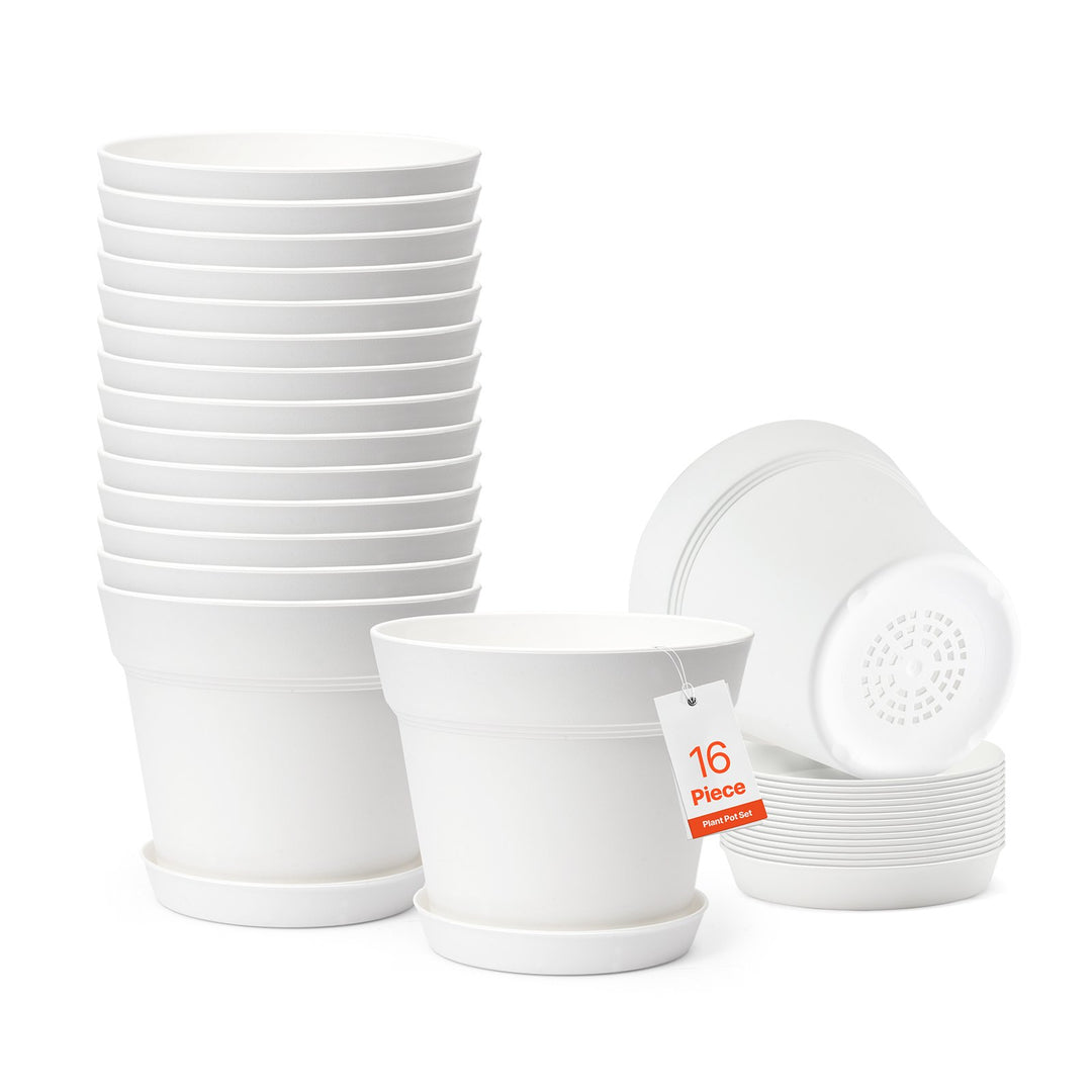 16-Pack 6in Plastic Planter Pots with Drainage Holes & Saucers — Durable Multi-Use Garden Pots (White)