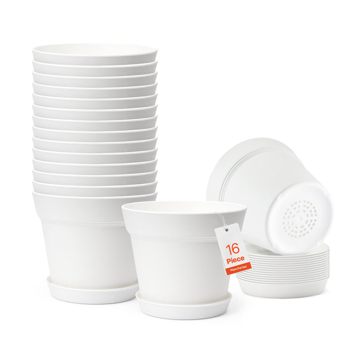 16-Pack 6in Plastic Planter Pots with Drainage Holes & Saucers — Durable Multi-Use Garden Pots (White)