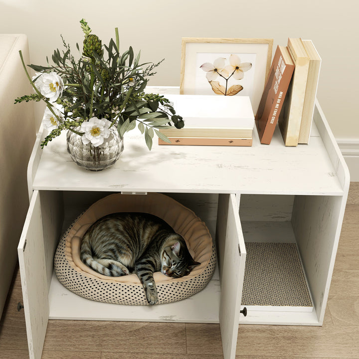 32" Cat Litter Box Enclosure with Scratching Mat, Cat Entrance, Fit Most of Cat and Litter Box, Distressed White