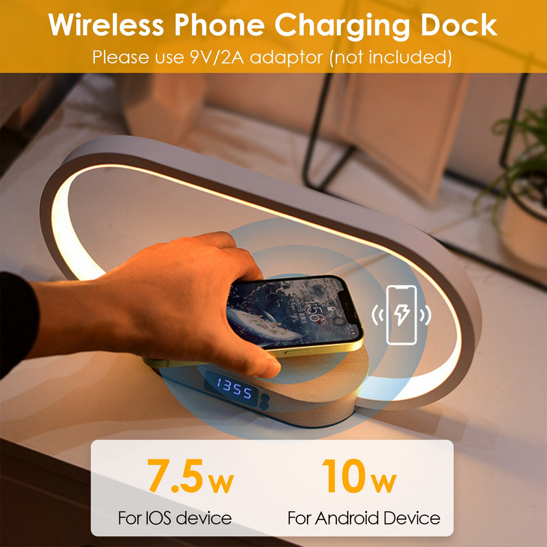 Bedside Table Lamp with Touch Control, Clock, Wireless Charging & Dimmable LED — Nightstand Reading Lamp (White)