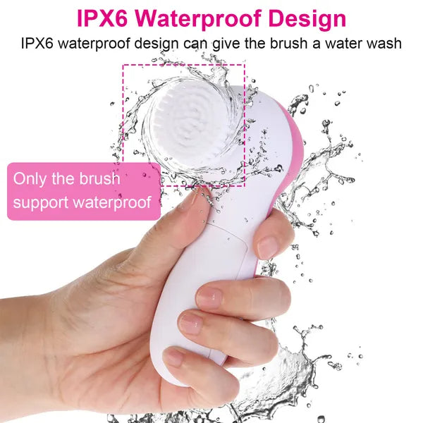 Waterproof Electric Facial Cleansing Spin Brush — 5 Interchangeable Brush Heads for Women (Pink)