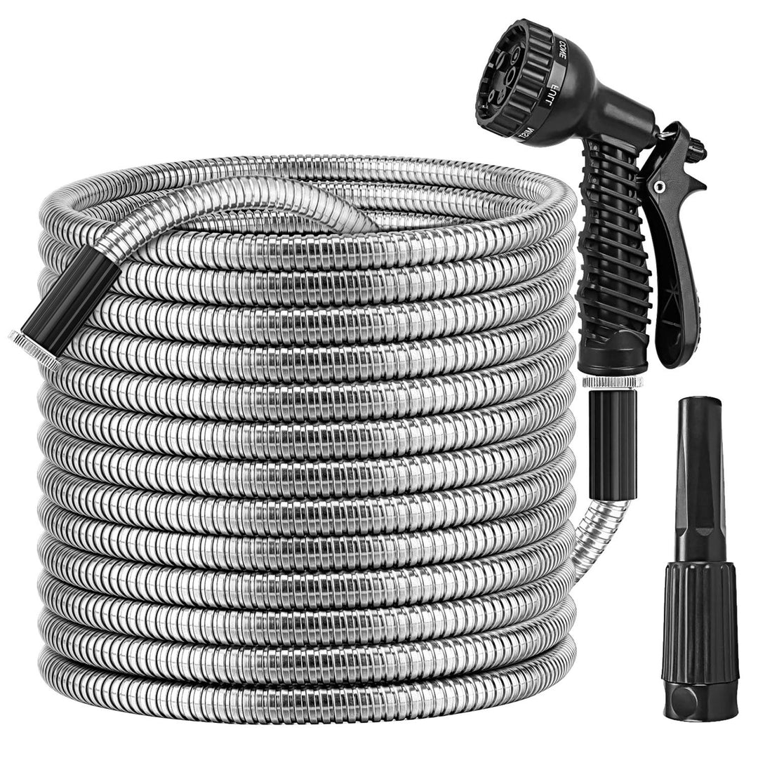 Heavy Duty Stainless Steel Garden Hose Kit — 25ft / 50ft / 100ft, Kink-Free, 12-Pattern Nozzle, Dog-Proof (2 Nozzles)