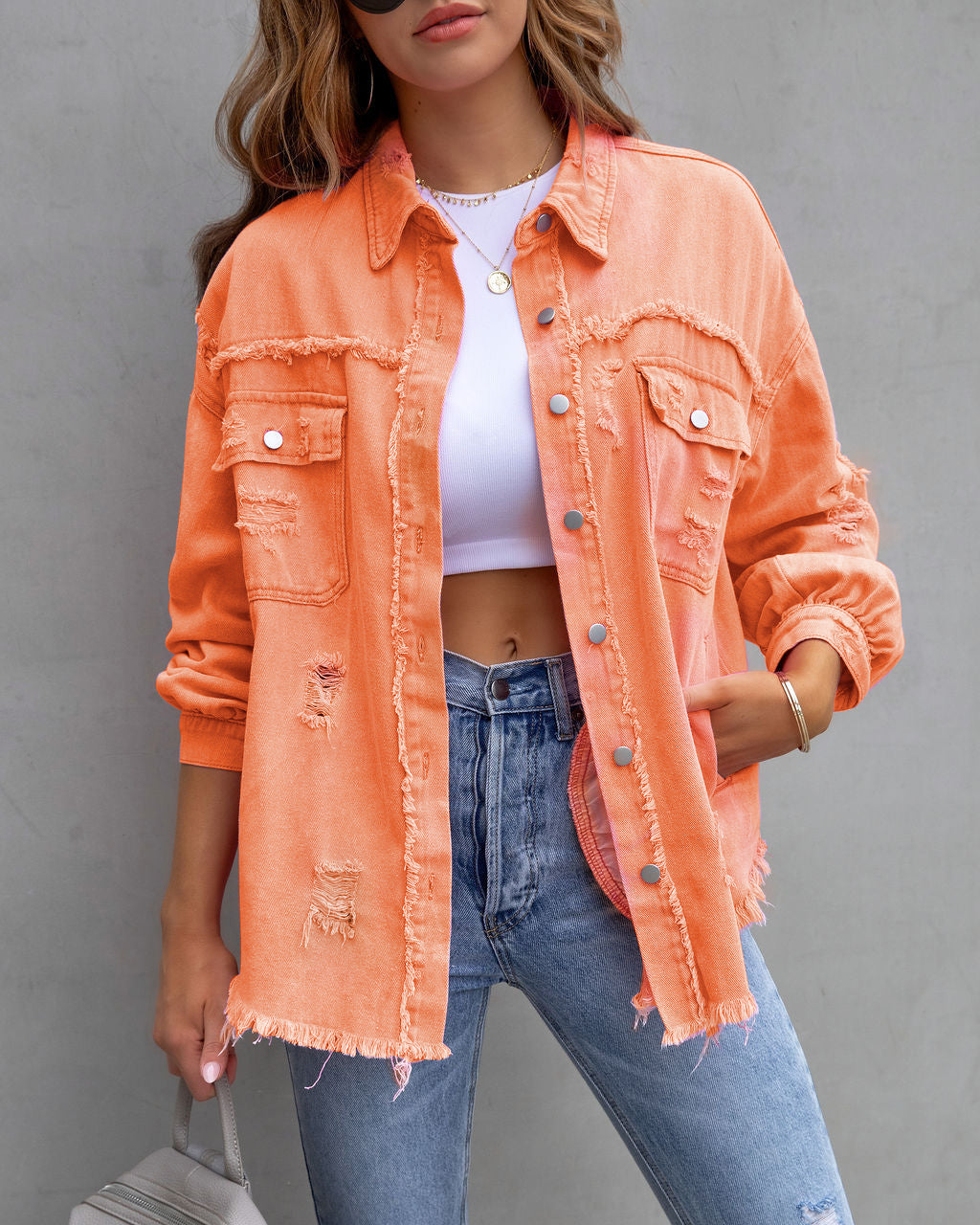 Women's Oversized Ripped Shacket – Casual Distressed Shirt Jacket for Fall & Spring