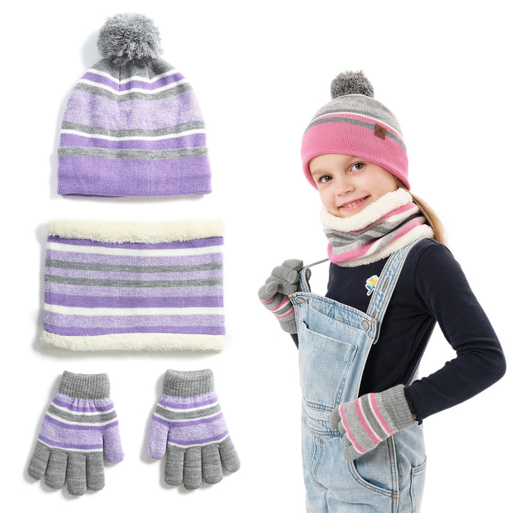 Kids Winter Knitted Hat, Scarf & Gloves Set — 3-Piece Warm Beanie, Neck Warmer & Mittens for Boys & Girls Age 4–7 (Orange/Purple)