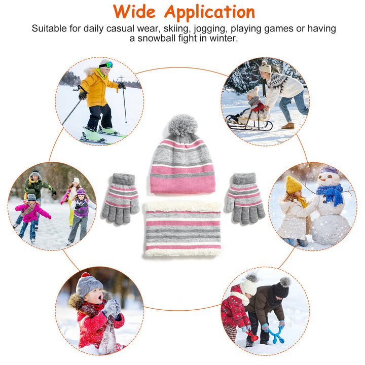 Kids Winter Knitted Hat, Scarf & Gloves Set — 3-Piece Warm Beanie, Neck Warmer & Mittens for Boys & Girls Age 4–7 (Orange/Purple)