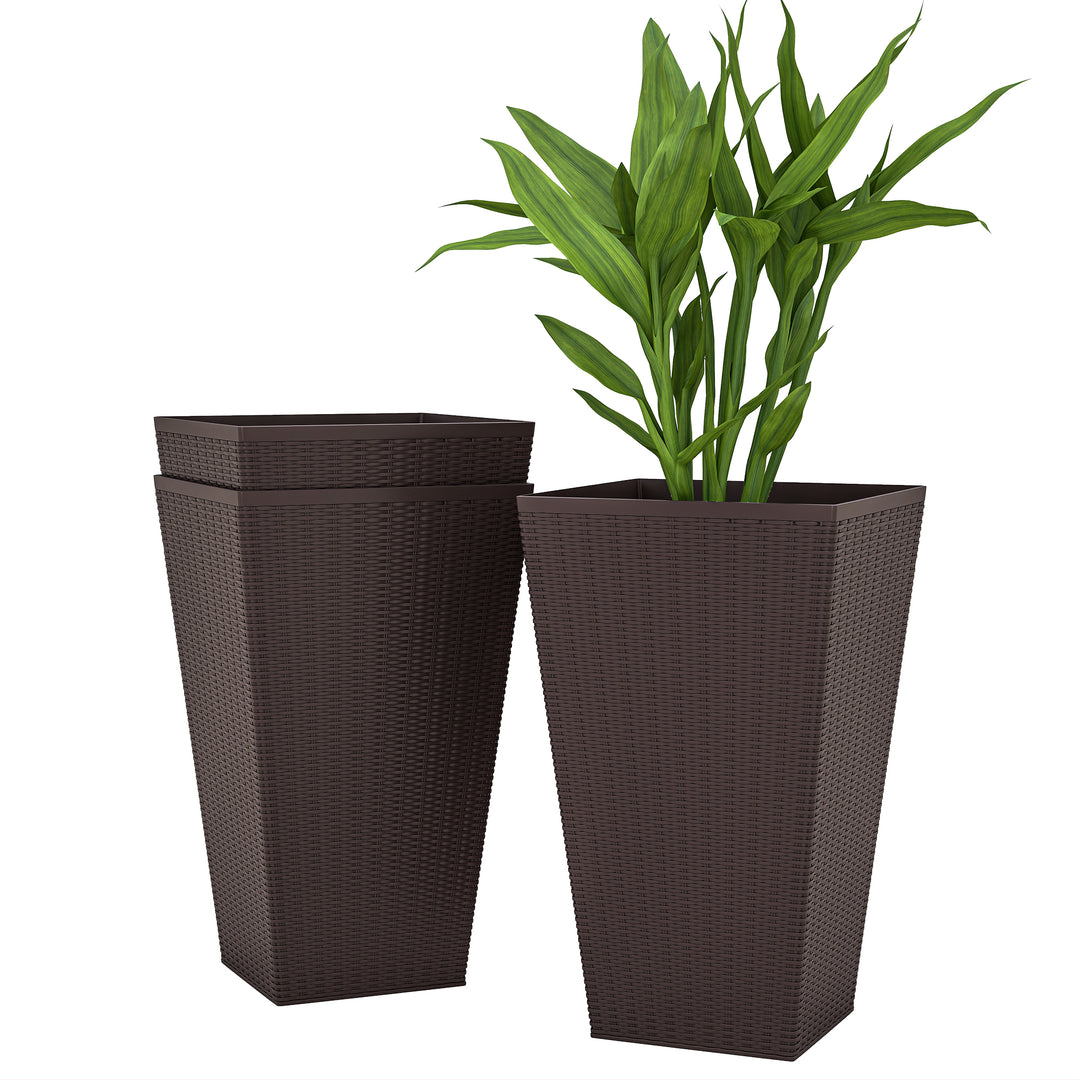 Set of 3 Tall 24in Outdoor Planters — Drainage Hole, Flower Pots for Porch, Front Door, Entryway, Patio & Deck (Brown)