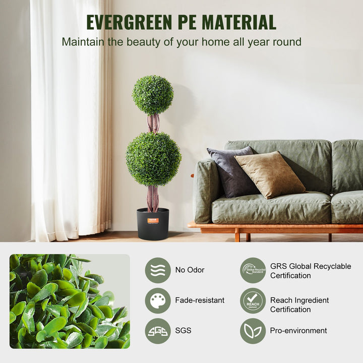 Artificial Double Ball Boxwood Topiary Trees — 36in Set of 2, UV-Rated, with Extra Leaves, Pot & Decoration, Indoor/Outdoor