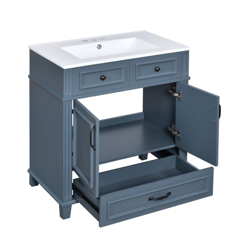 30'' Bathroom Vanity With Ceramic Sink,Solid Wood Frame Bathroom Storage Cabinet With Soft Closing Doors,Retro Style, Blue