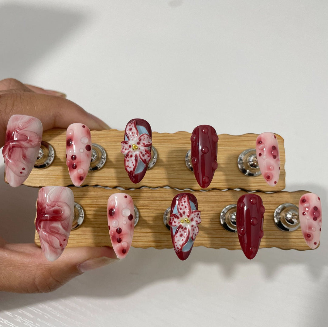 3D Hand-Painted Blooming Floral Press-On Nail Set — Almond Shape, Sizes XS–L, Glue Kit Included