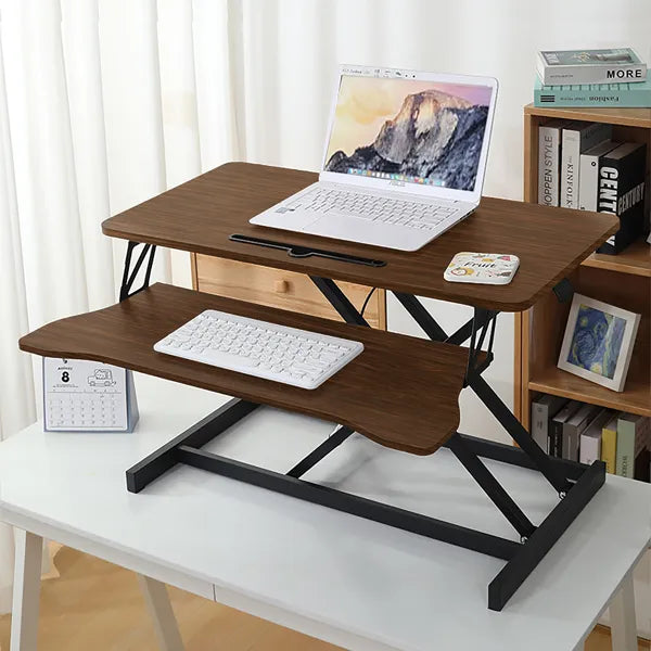 32in Sit-to-Stand Desk Converter — Height Adjustable Riser, Dual Monitor & Laptop Workstation with Keyboard Tray (Walnut)