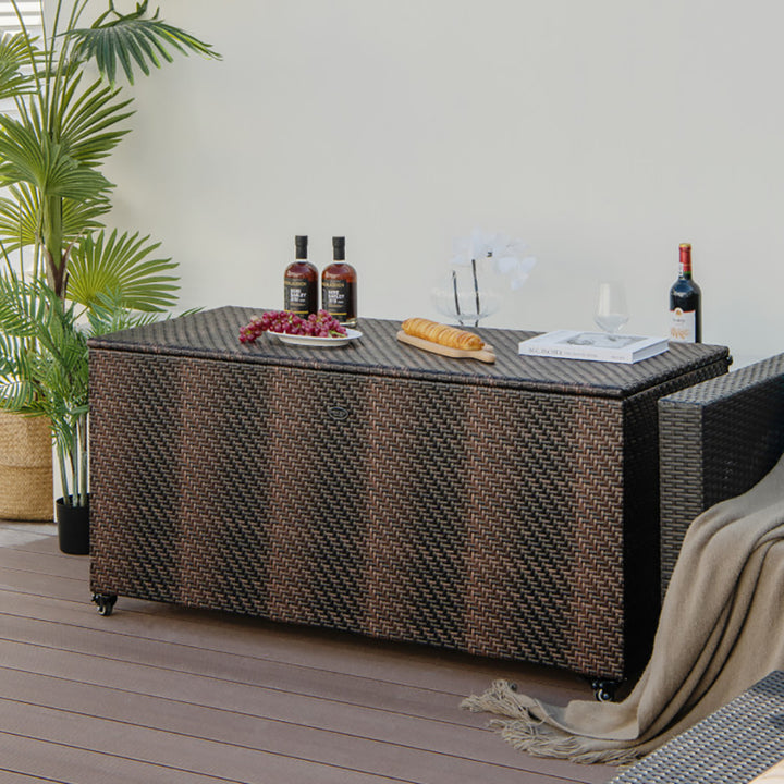 96 Gallon PE Wicker Outdoor Storage Box With 4 Wheels