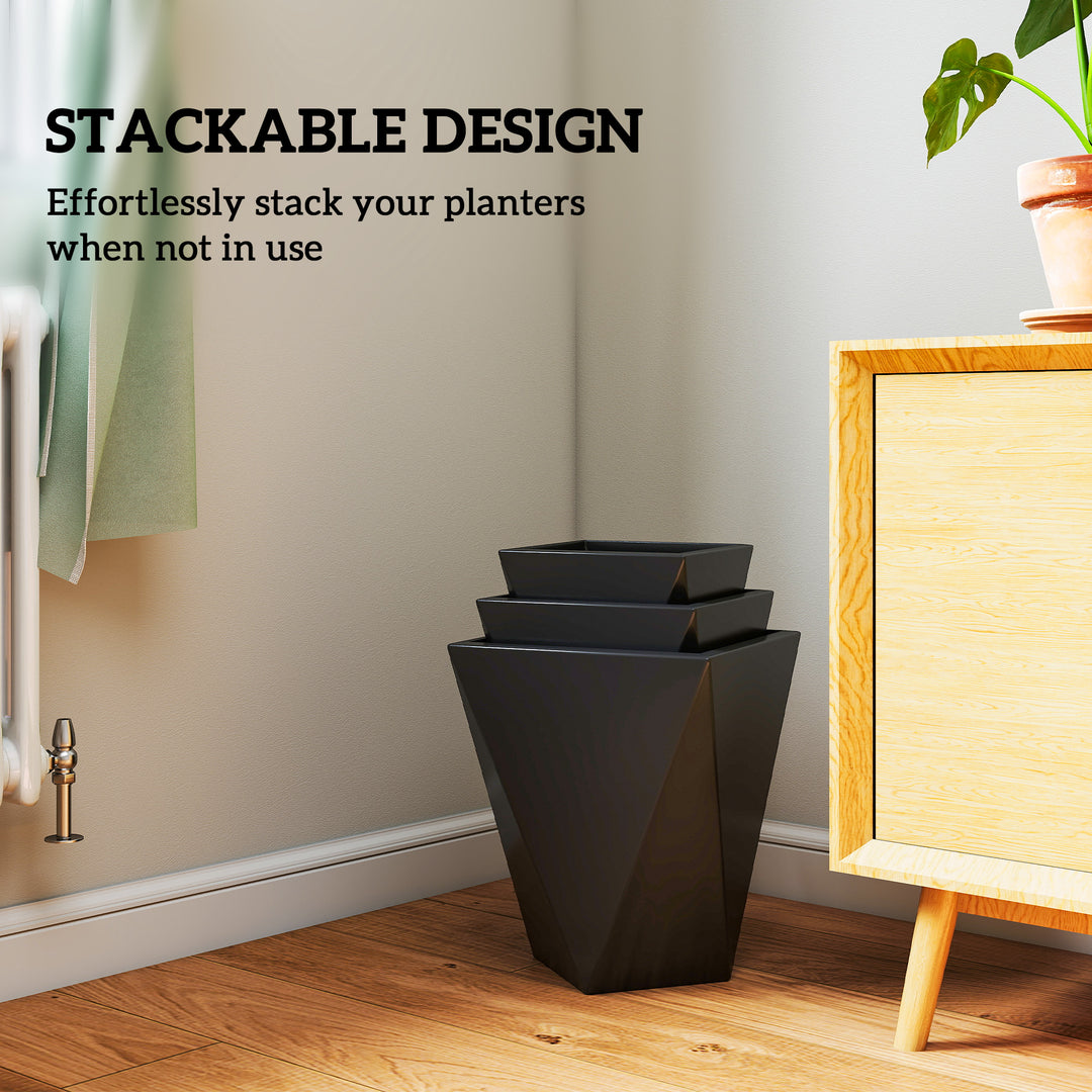 Set of 3 Stackable MgO Tall Planters — Premium Magnesium Oxide Flower Pots with Drainage Holes for Garden & Balcony (Black)
