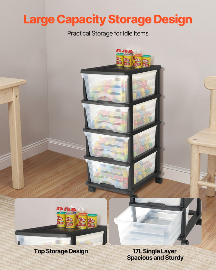 4-Drawer Rolling Storage Cart — Clear Bin Plastic Organizer on Wheels for Office, Craft Room & Classroom