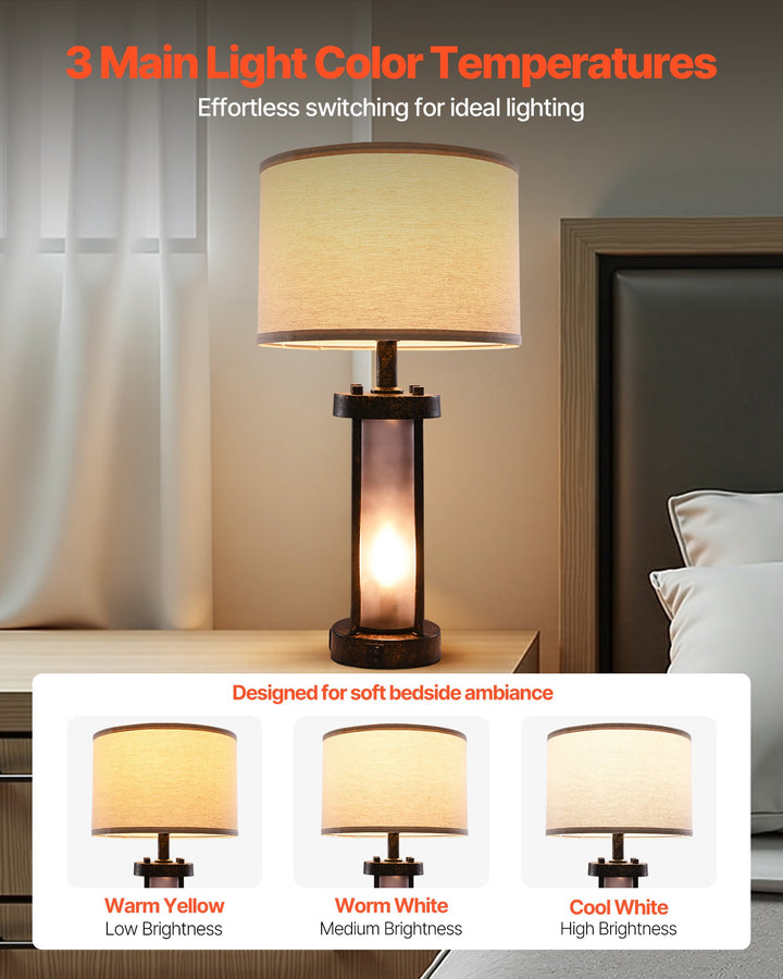 Set of 2 Farmhouse Bedside Nightstand Lamps with USB Ports — Desk Lamp for Bedroom & Living Room