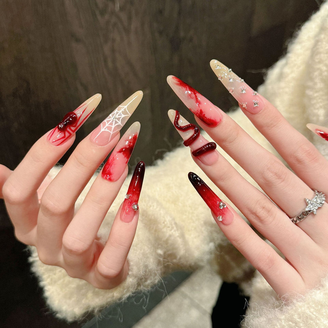 New Chinese Style Long Red Press-On Nails — Elegant Oriental Design, Festive Handmade Manicure