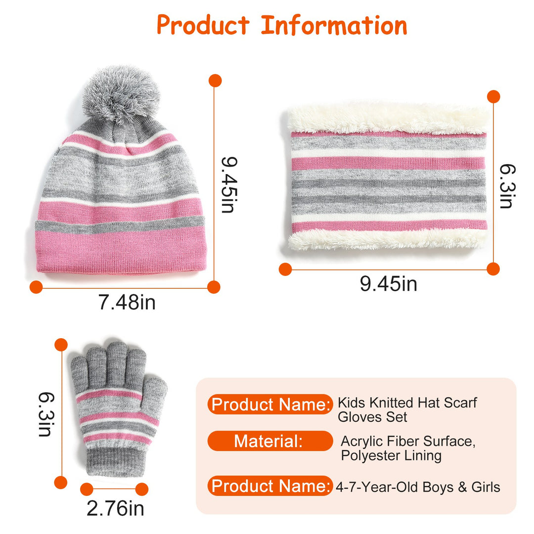 Kids Winter Knitted Hat, Scarf & Gloves Set — 3-Piece Warm Beanie, Neck Warmer & Mittens for Boys & Girls Age 4–7 (Orange/Purple)