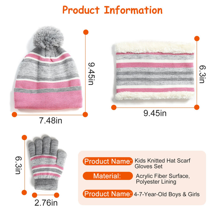 Kids Winter Knitted Hat, Scarf & Gloves Set — 3-Piece Warm Beanie, Neck Warmer & Mittens for Boys & Girls Age 4–7 (Orange/Purple)