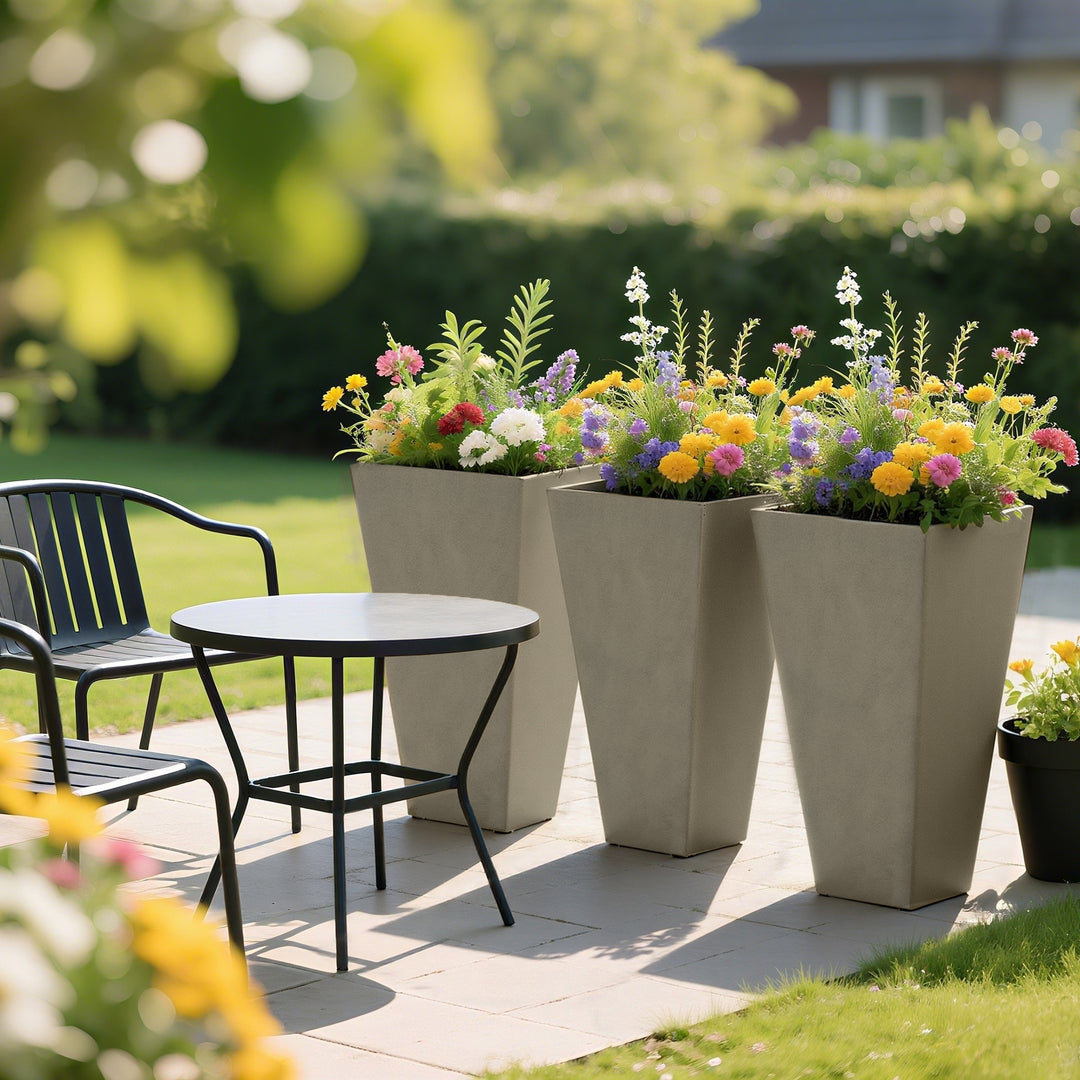 Set of 3 Grande 28in Tall Outdoor Planters — Tapered with Drainage Holes, Front Porch & Patio Décor (Grey)